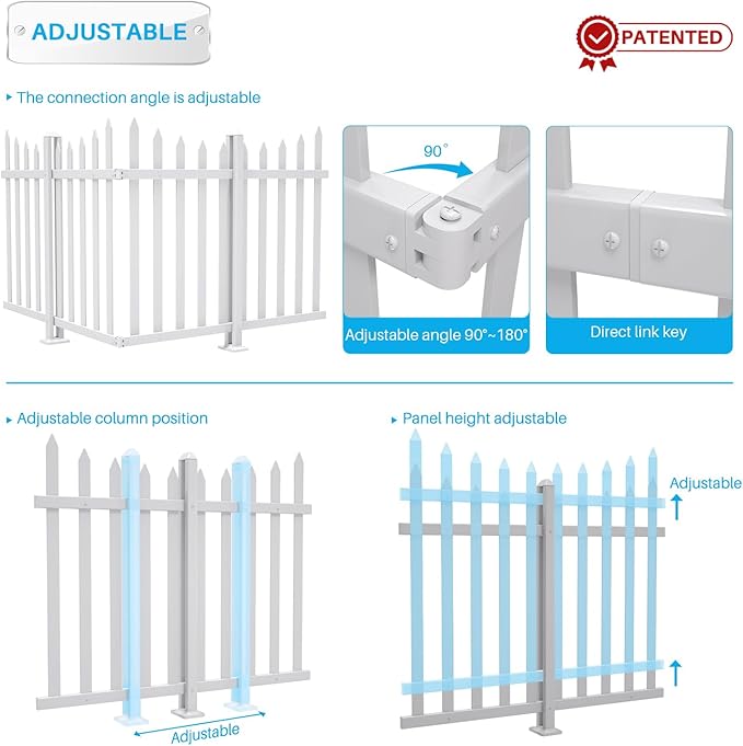 Patio 3 Sets 34.6"H x 84"L Picket Fence Panels White Vinyl PVC Decorative Fence for Front Yard Porch Patio Deck Pool Air Conditioner Fence Safety Dog Fence (34 Pickets, Scallop)