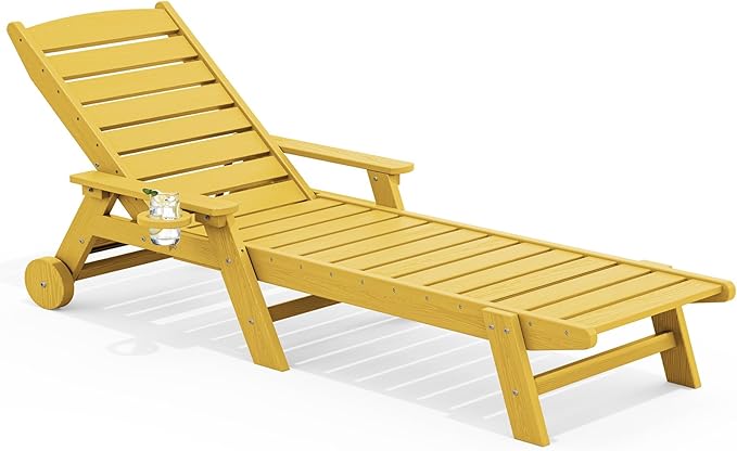 SERWALL Patio Chaise Lounge Chair, 78'' Long HDPE 5 Positions Adjustable Outdoor Lounger, Poly Lounge Chair with Rolling Wheels & Cup Holder for Pool, Lemon Yellow