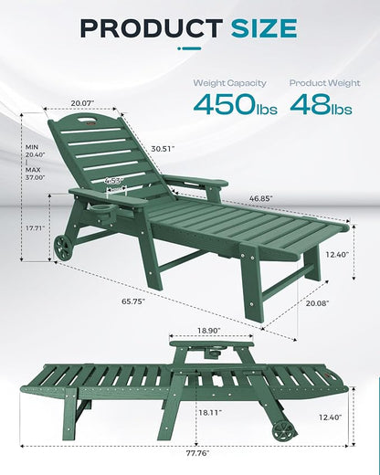 Ciokea Outdoor Lounge Chair with Rolling Wheels & Cup Holder, All Weather Patio Chaise Lounge Chair for Outside, 5 Position, HDPE Chair for Patio Deck, Pool, Green