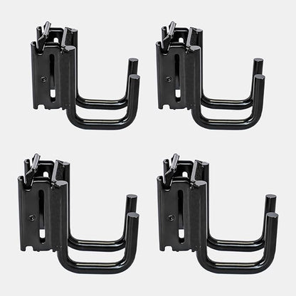 4-Pack E-Track Double Fitting J-Hooks, 2" Wide & 2" Deep Stable E Track Double J Hooks with Dual Fittings, Heavy Duty Shovel Hanger for Trailers, Trucks, Garden Tools Organizers Storage