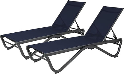 Kozyard Outdoor Chaise Lounge Chair, All Aluminum Frame and Textilene Fabric, Fully Flat Adjustable Reclining Patio Lounger for Poolside, Sunbathing & Backyard (NavyBlue, 2Chairs)