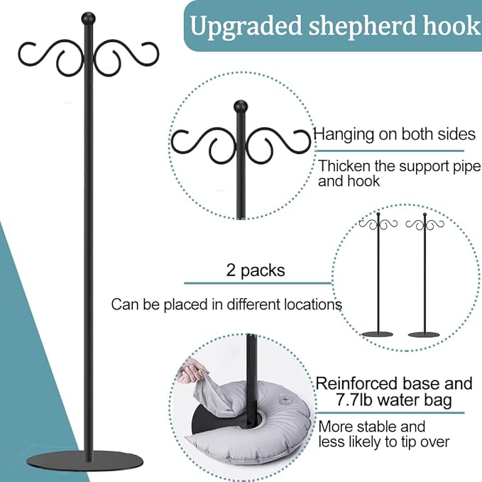2 Set Shepherd's Hook Stand plant，Bird Feeder，Wind Chime Hanger Stand, Waterproof Metal & Adjustable-Height Standing Pole Holder for Lantern and Wreath, Indoor & Outdoor