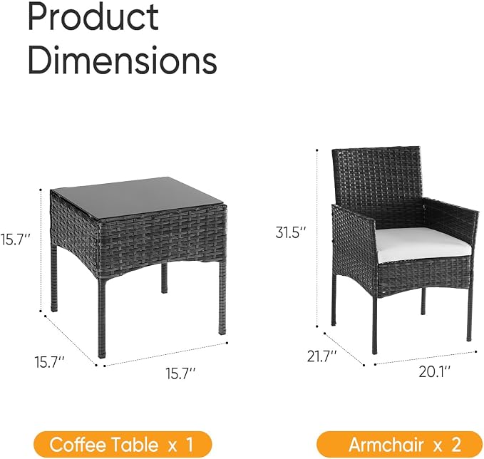 NEWBULIG 3-Piece Patio Furniture Set, Outdoor Wicker Rattan Chairs with Removable Cushion & Tempered Glass Table, Conversation Set Furniture for Porch, Balcony, Deck - Black
