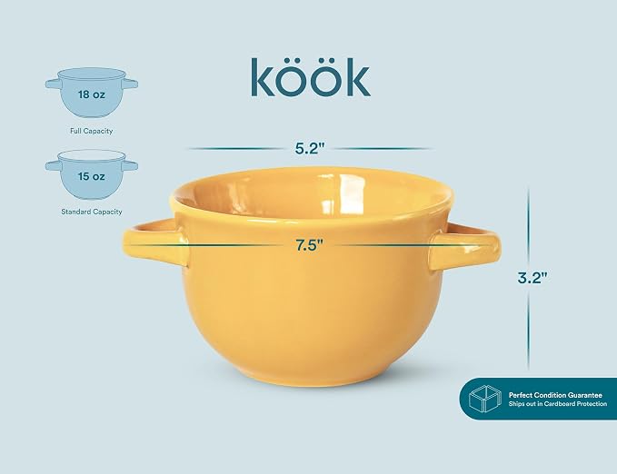 KooK French Onion Soup Bowls, Crocks, Oven Safe Bowls, Soup Mugs, Ceramic Bowls, Dishwasher, Microwave, Set of 4, 18 oz (Yellow)