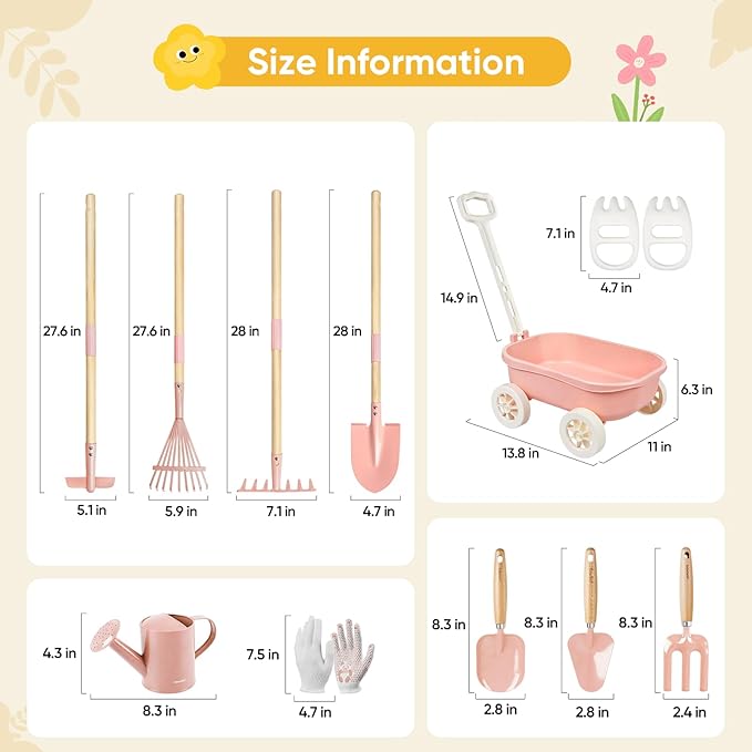 Kids Gardening Set with Wheelbarrow, 11-Piece Outdoor Yard, Beach, STEM Garden Play Kit with Child-Sized Tools, Durable, Safe & Fun Gift Toy for Ages 2+ Kids Toddlers Boys Girls (Pink)