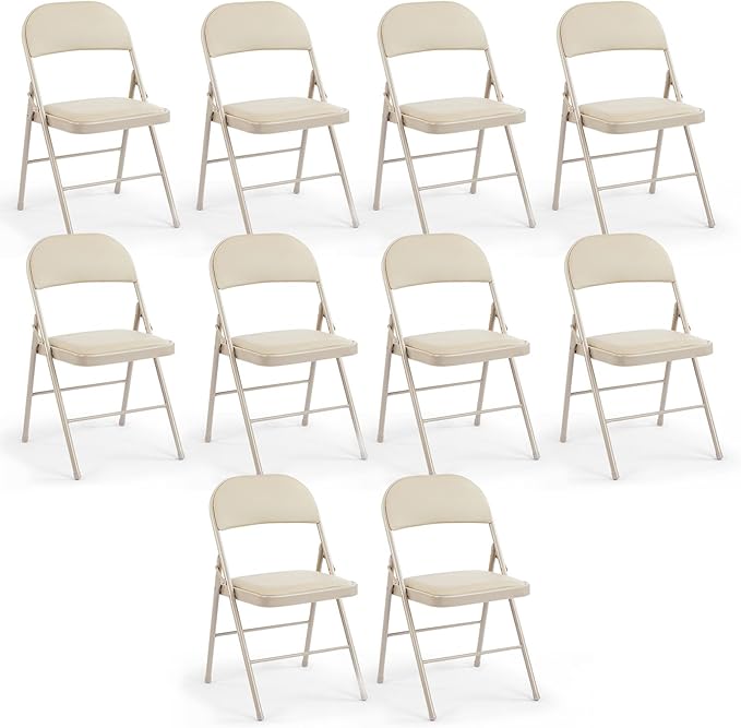 DUMOS 10 Pack Leather Padded Folding Chair, Indoor Outdoor Portable Stackable Commercial Seat with Steel Frame, Capacity for Home, Office, Party, Comfy, Kahki