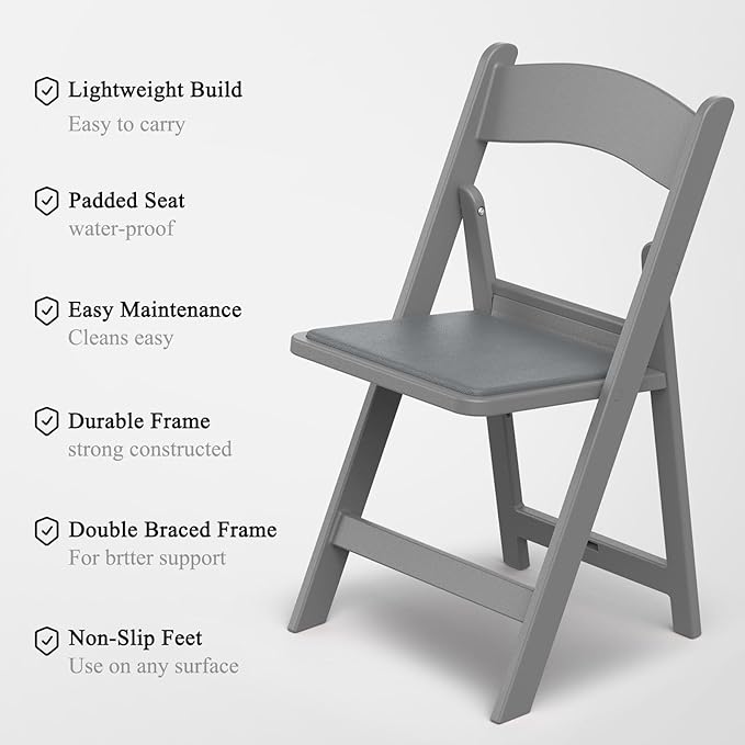 Nazhura Garden and Patio Folding Chair Set of 4 for Events and Wedding, Lightweight with Padded Seat, Water-Proof, Double Braced Frame, Non-Slip Feet, 900LB Capacity (Grey)