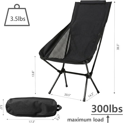 Wind Tour Portable Camping Chair Lightweight Foldable Outdoor Chair for Hiking Camp Backpacking Lawn Beach Fishing Picnic with Carry Bag (High-Back | Black)