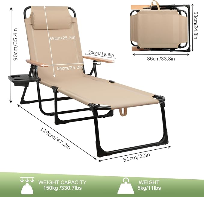 Foldable Chaise Lounge Chair Outdoor, Tanning Chair with 4-Position Reclining Back, Folding Sun Lounger, Outdoor Lounge Chair for Beach, Poolside, Backyard, Camping, UPF 50+, 300 LBS