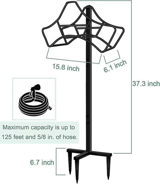 Garbuildman Garden Hose Holder with 3 Spikes, Freestanding Metal Hose Stand for Outdoor Garden, Detachable Hose Storage Rack for Lawn & Yard, Volcano Black
