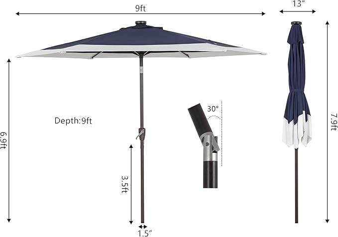 JONATHAN Y UMB1100A Spencer 9 ft. Classic Coastal 2-Tone Solar LED Market Patio Umbrella with 12 LED Strip Lights, Auto-Tilt, Crank and UV Protection in Navy/White