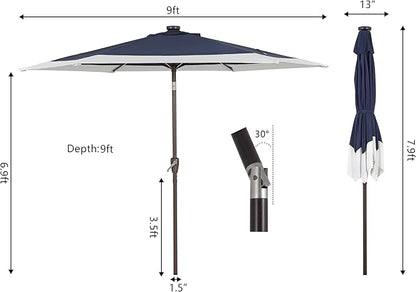 JONATHAN Y UMB1100A Spencer 9 ft. Classic Coastal 2-Tone Solar LED Market Patio Umbrella with 12 LED Strip Lights, Auto-Tilt, Crank and UV Protection in Navy/White