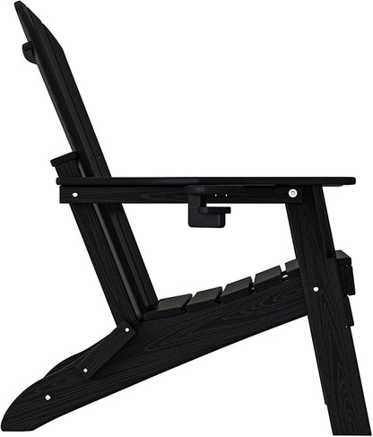 Plawdlik Folding Adirondack Chair, Cup Holder, SGS Tested, Wooden Textured，Heavy All-Weather HDPE Comfortable Set Poolside Backyard Lawn Black Set 2