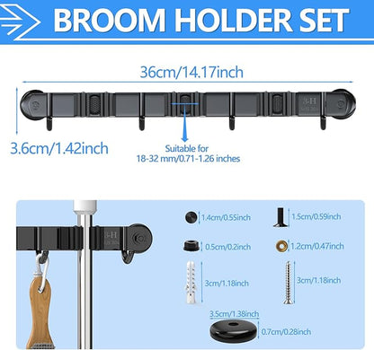 3-H Magnetic Broom Holder Wall Mount 2 Pack, 2-in-1 Dual Mount (No Drill or Screw Fix), 304 Stainless Steel Heavy Duty Magnet Mop Broom Organizer for Kitchen Garden Garage(3 Racks & 4 Hooks,Black)