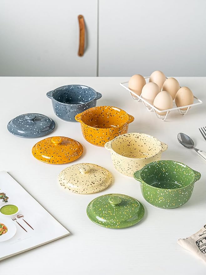 Oven-Safe 4-Pack Mini Ceramic Casserole Dishes (10 Oz Each) - With Lids & Handles - Ideal for Souffle, Soup, Cobbler, Stoneware Baking Ramekins for Individual Servings,Green