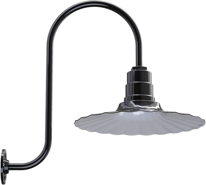 Steel Lighting Co. Highland Park Barn Light | Outdoor Wall Mounted | 16 inch Radial Wave | Upslope Gooseneck | Vintage Style Made in America | Black Exterior/White Interior