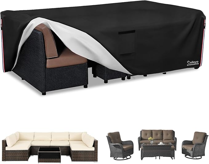 Waterproof Patio Furniture Covers,600D Heavy Duty Patio Cover for 6/7/8 PCS Sets Sectional Sofa Couch Dining Rocking Swivel Chairs Ottomans Coffee Table,126L x 63W x 28H inch Black