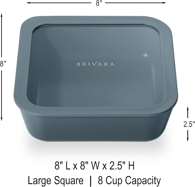 Glass Food Storage Container with Lid, 8-Cup Large Square | Microwave-Safe Airtight Lid, Oven-Safe Ceramic-Coated Glass | Zero Plastic, No PFAS/PFOA/BPA, Reusable [Dusk]