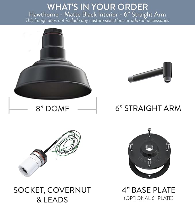 Steel Lighting Co. | Dusk to Dawn | Hawthorne Barn Light | Outdoor Wall Mounted | 8 in Dome | 6 inch Straight Arm| Small Farmhouse Light Made in America | Matte Black Exterior/Matte Black Interior
