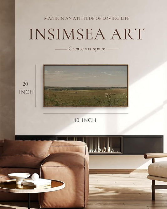 InSimSea Extra Large Framed Vintage Wall Art, Living Room Meadow Farmhouse Decor, Pastoral Field Landscape Canvas Prints, Retro Scenery Long Picture for Bedroom Above of Bed, 20x40inch