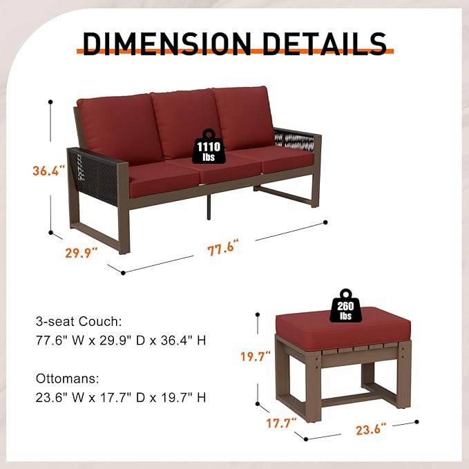 Rustic Hideaway Natural Cedar Wood Outdoor Furniture Set, Wicker Patio Conversation Set for Porch Garden Backyard, Couch and 2 Ottomans, 3 Piece, Brownish/Red