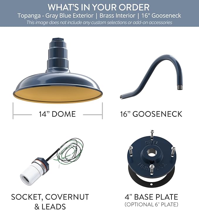 Steel Lighting Co. Topanga Barn Light | Outdoor Wall Mounted | 14 inch Dome | 16" Gooseneck | Farmhouse Garage Light Made in America | Gray Blue Exterior/Brass Interior