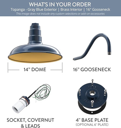 Steel Lighting Co. Topanga Barn Light | Outdoor Wall Mounted | 14 inch Dome | 16" Gooseneck | Farmhouse Garage Light Made in America | Gray Blue Exterior/Brass Interior