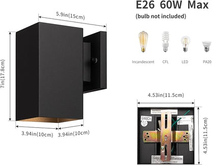 mirrea 7-inch Outdoor Porch Wall Light for House, Waterproof Exterior Sconce for Patio, Wall Mount Lighting Fixture for Front Door, Matte Black Rectangular Downlight for Garage, Set of 2