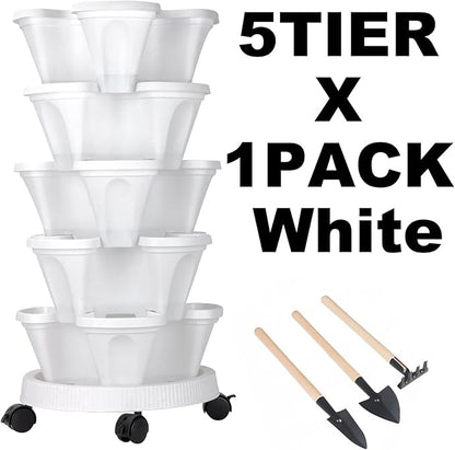 GameXcel Vertical Planter Tower - 5 Tier Stackable Garden Planters with Wheels and Tools Plant Pots for Strawberry Herb Flower and Vegetable Indoor Outdoor Use White