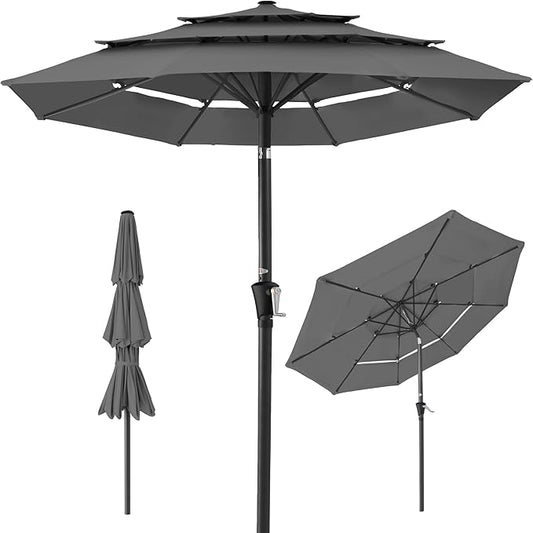 Best Choice Products 10ft 3-Tier Market Patio Umbrella, Outdoor Sun Shade with Tilt, Crank Lift, 8 Ribs for Backyard, Deck, Poolside – Gray