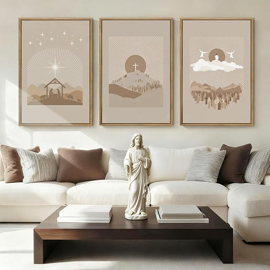 IARTTOP Jesus Christian God Framed Wall Art Large 16x24 Inch Nativity Religious Canvas Wall Decor Grey Brown Catholic Artwork for Church Living room Dining room Set of 3