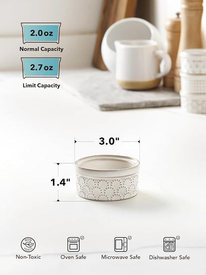 LE TAUCI Ramekins 2 oz Oven Safe, Sauce Dip Bowls for Charcuterie Boards, Small Sauce Bowl, Ceramic Baking Dishes for Creme Brulee - 3 inch, Set of 4, Arctic White