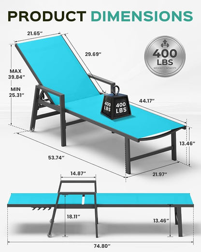 Vexwalx Patio Chaise Lounge Chair Outdoor with Wheels&Armrests, Aluminum Pool Lounge Chairs 5-Position Adjustable Recliner, Outdoor Beach Lounge Chairs for Outside, Patio, Deck, Yard, Lake Blue
