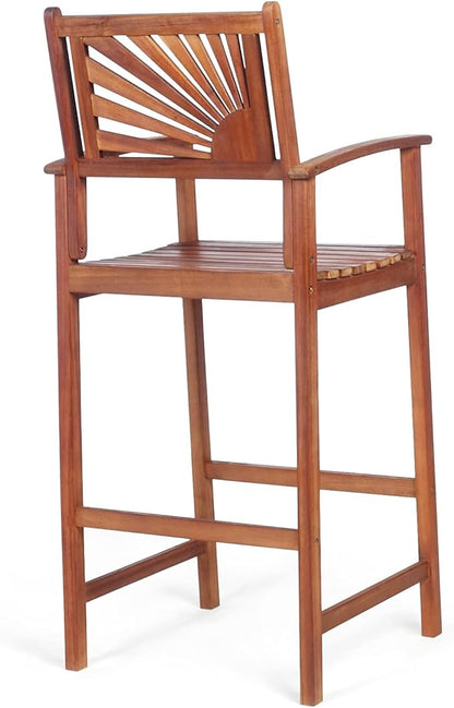 COSTWAY Bar Stools Set of 2, Outdoor Acacia Wood Bar Chairs with Sunflower Backrest, Curved Armrests & Breathable Seat, Ideal for Balcony, Sunroom, Patio, Easy Assembly