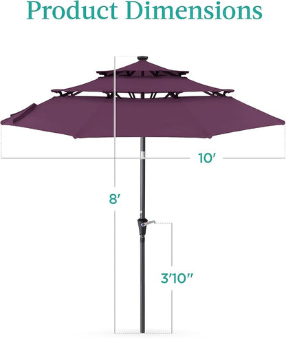 Best Choice Products 10ft 3-Tier Solar Patio Umbrella, Outdoor Market Sun Shade for Backyard, Deck, Poolside w/ 24 LED Lights, Tilt Adjustment, Easy Crank, 8 Ribs - Amethyst Purple