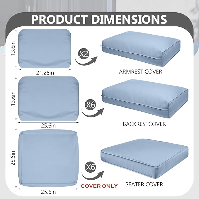 14 Piece Outdoor Patio Waterproof Cushion Covers, Fits 6-Seat Wicker Rattan Sectional Couch Chair Furniture Cover Replacement Set - Fade-Resistant Patio Cushion Covers with Zipper