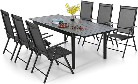 PHI VILLA 7 Piece Outdoor Patio Dining Set, Adjustable Folding Patio Chairs Reclining (Black) with Extendable Metal Steel Dining Table for Outdoor, Garden, Lawn