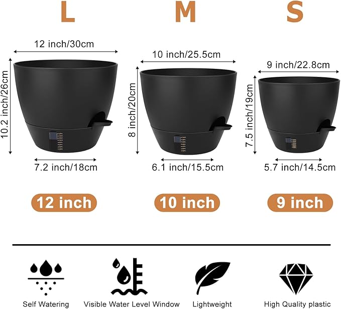 QRRICA 12/10/9 Inch Self-Watering Plant Pots with Water Level Indicator, Drainage Holes & Saucers – Large Plastic Planter Set for Indoor & Outdoor Plants (Pure Black)