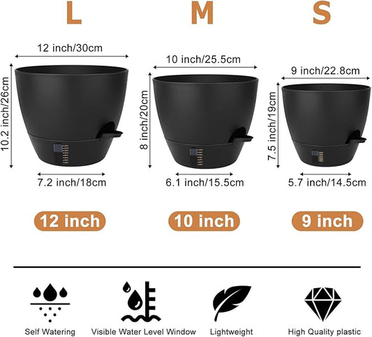 QRRICA 12/10/9 Inch Self-Watering Plant Pots with Water Level Indicator, Drainage Holes & Saucers – Large Plastic Planter Set for Indoor & Outdoor Plants (Pure Black)