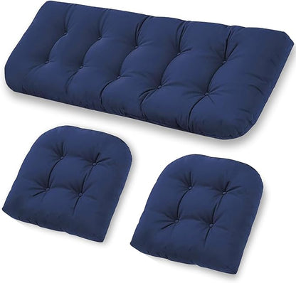 Wicker Furniture Cushions Set, Waterproof Patio Cushions for Outdoor Chairs 3 Pieces, 1 Loveseat & 2 Seat Pads Thick Outdoor Replacement Cushions for Porch Lawn Bench Couch Sofa, Navy Blue