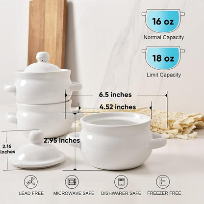 Vumdua French Onion Soup Bowls with Handles and Lids, 16 oz Ceramic Soup Crocks Oven Safe for Chilli, Cereal, Pot Pies, Microwave & Dishwasher Safe, Set of 4, White