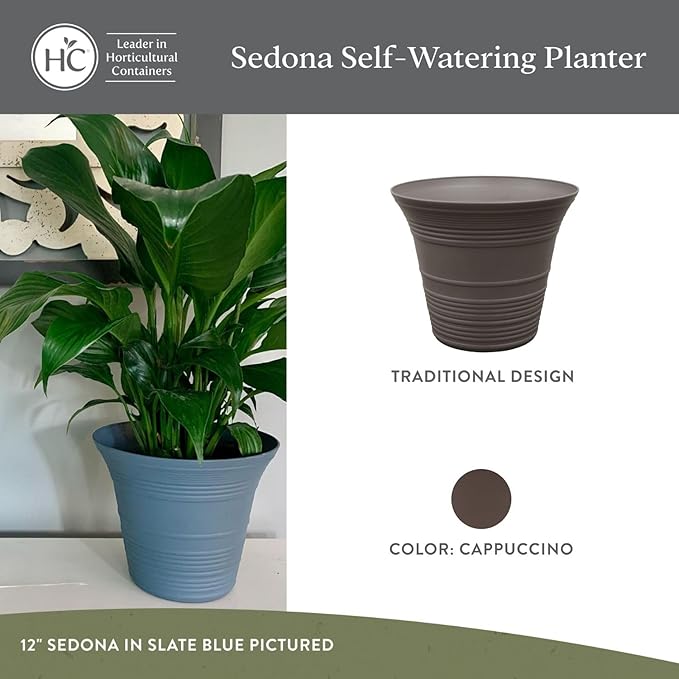 The HC Companies 12 Inch Sedona Round Self Watering Planter Pots, Lightweight UV-Resistant Plastic Indoor & Outdoor Planters, 2-Pack Flower Pots for Garden & Home Decor, Cappuccino