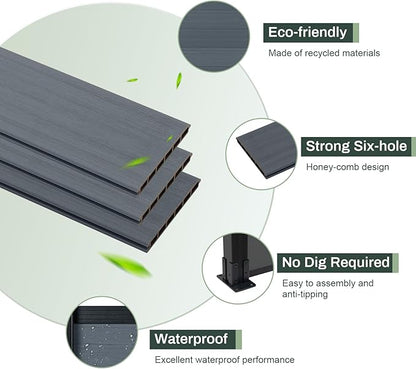 Mondaria Privacy Fence Panels for Outside,6ft(W) x 6ft(H) Outdoor Privacy Panels with 1 Post,Wind Resistant Wood Plastic Composite Fencing Panels for Patio,Backyard,Garden and Swimming Pool(Grey)