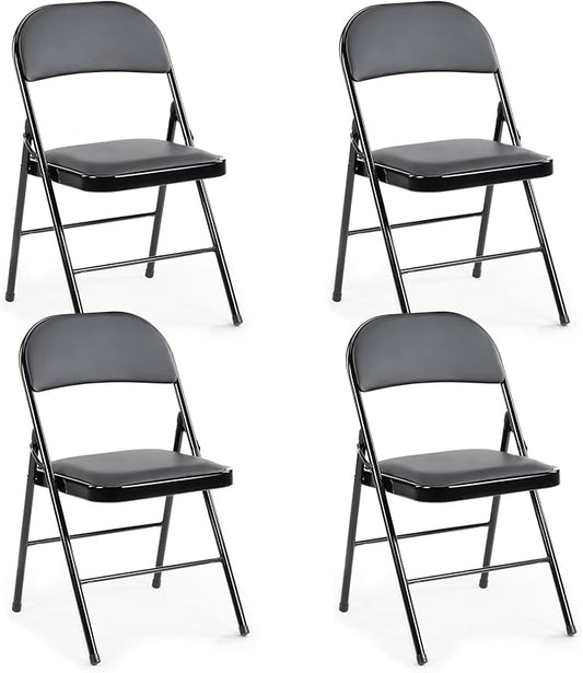 DUMOS 4 Pack Leather Padded Folding Chair, Portable & Stackable Foldable Chairs Sets with Steel Frame, for Indoor Outdoor Events, Home, Office, Party, Black
