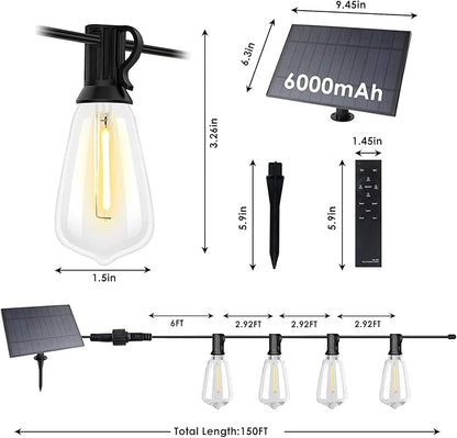 VUAA 150FT Solar Outdoor String Lights Waterproof, Solar Powered Patio Lights with 52 Shatterproof ST38 Edison Bulbs & Remote Control,LED Dimmable Solar String Lights for Outside