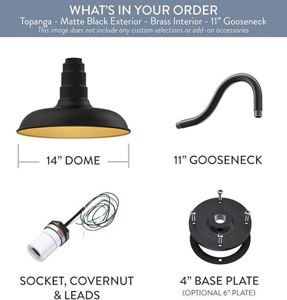 Steel Lighting Co. Topanga Barn Light | Outdoor Wall Mounted | Farmhouse Garage Light Made in America | 14 inch Dome | 11 inch Gooseneck | Matte Black Exterior/Brass Interior