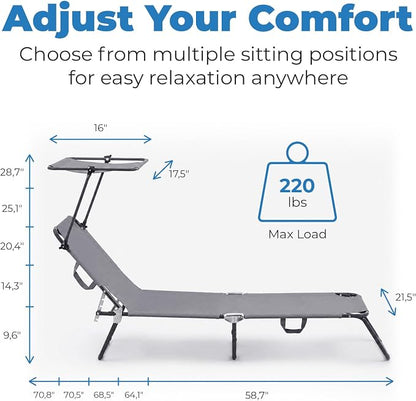 Folding Outdoor Set of 2 Lounge Chairs with Canopy - Portable & Adjustable Beach Lounge Chair - 5-Positions, Carry Handles, 600D Fabric, 220 lbs Capacity – Tanning Chaise Lounge for Beach, Patio, Lawn