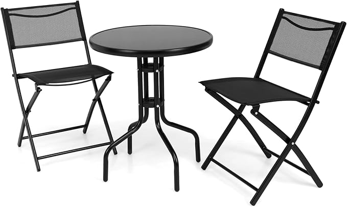 S AFSTAR 3-Piece Bistro Set for Outdoor Yard Garden Park, Round Table with 2 Folding Chairs Patio Furniture Set (Classic Black)