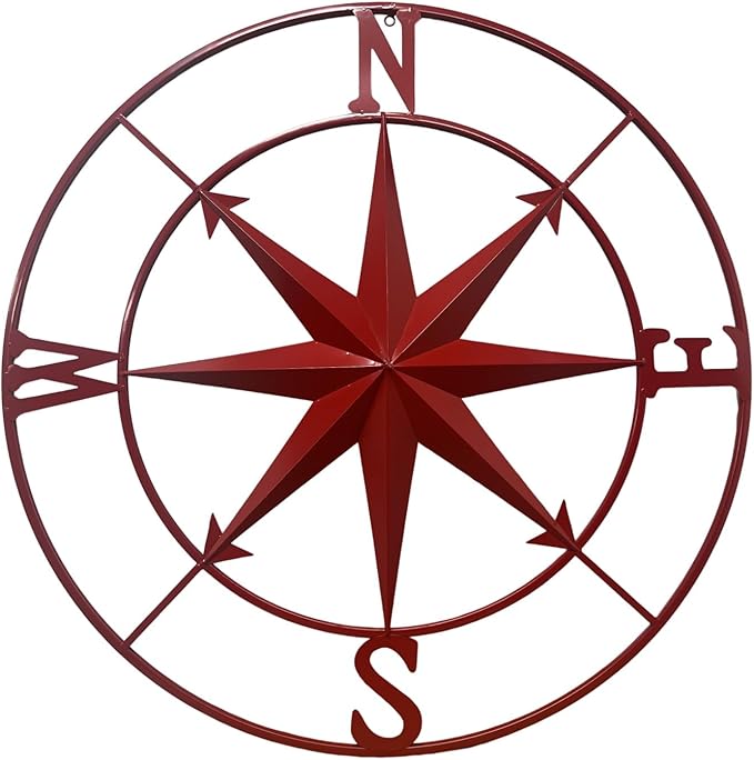 Nightclawing Nautical Metal Compass Wall Décor, Indoor/Outdoor Décor,41" Red