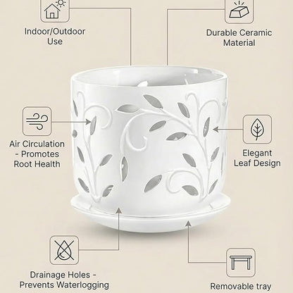 EFISPSS Ceramic Orchid Pots 5+6 Inch White with Drainage Holes & Tray, Breathable Airflow, Indoor & Outdoor